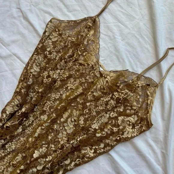 victoria's secret rare vintage gold floral lace maxi slip dress